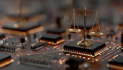 Golden balance scales atop microchips represent digital justice and technology