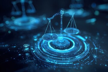 Futuristic holographic scales of justice float in a digital, glowing blue data network