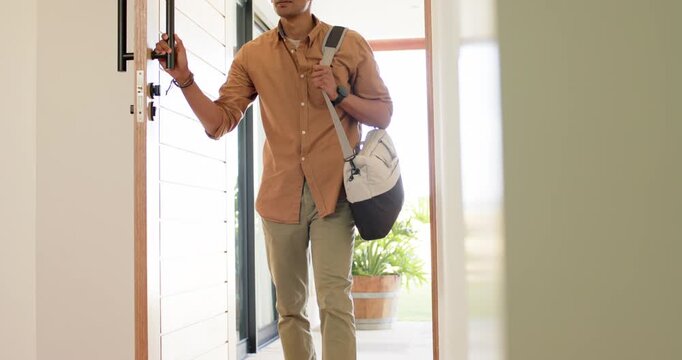 Father and daughter returning home, unlocking door entering entryway adjusting bag hugging daughter