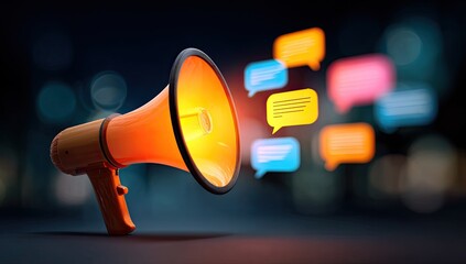 Orange megaphone blasts colorful speech bubbles, symbolizing communication and announcements