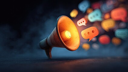 Vintage megaphone emits colorful speech bubbles, creating a vibrant, energetic message
