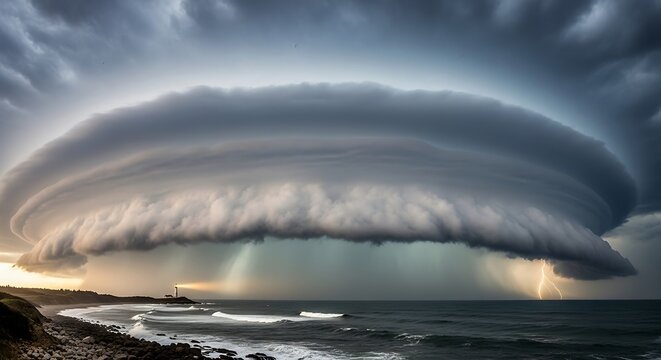 Dramatic Shelf Cloud Formation Over Ocean Shoreline at Sunset.