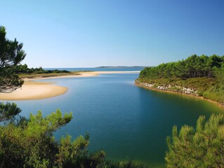 A serene landscape of a river meeting the sea with sandy beaches and lush greenery on a sunny day
