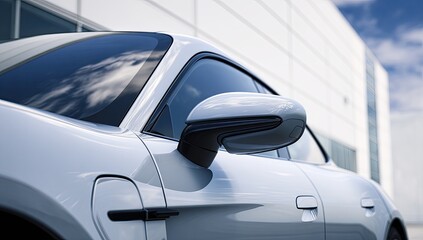 Sleek, modern electric car side view, reflecting sky and clouds