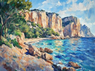 Vibrant coastal cliffs with turquoise waters and a rocky shore captured in an oil painting style