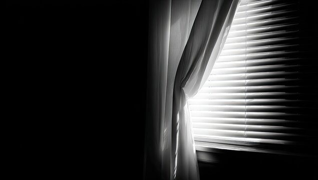 Light filters through blinds and sheer curtain into dark room