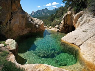Crystal clear water in a natural pool surrounded by rocky cliffs and distant mountains