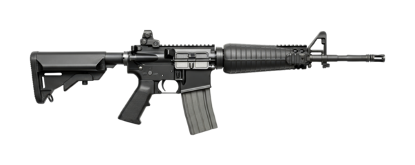Black tactical assault rifle with a collapsible stock, textured grip, and loaded magazine is presented in a detailed side view under even studio lighting