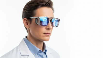 Professional man in a lab coat wearing futuristic smart glasses displaying digital security locks, symbolizing advanced data protection and augmented reality concepts for a technological future
