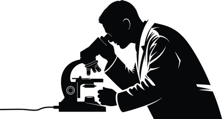 Black Silhouette of Scientist Working with Microscope, Vector Graphic, Lab Research and Analysis, Scientific Discovery and Study, Medical Technology and Future