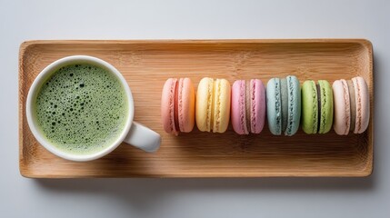 Colorful Macarons with Matcha Tea on a Bamboo Tray in Soft Light