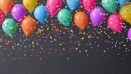 Colorful balloons and confetti explode across a dark background