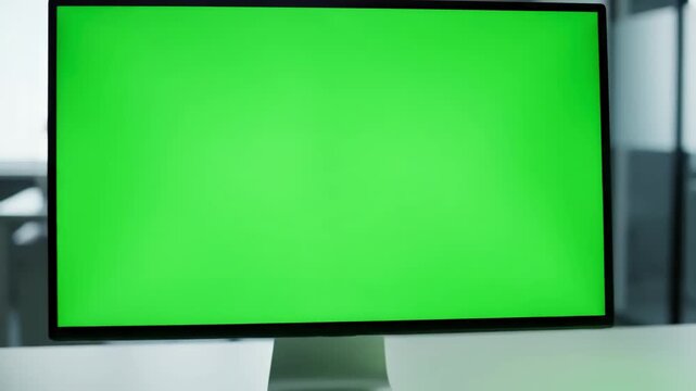 Digital Workflow Stages with view from the back on male and female office workers sitting at desk in front of computer they watching something its green screen chroma key inside distortion, overlay