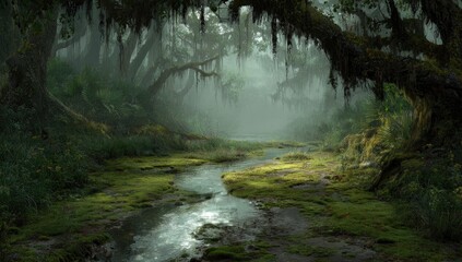 Enchanting moss-covered forest path with a winding stream and misty trees