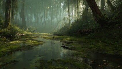 Misty forest path winding through lush, mossy terrain with a reflective stream
