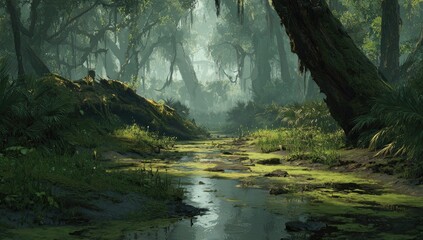 Verdant, mist-shrouded jungle path lined with lush foliage and a gentle stream