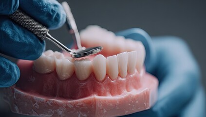 Close-up of dental model, hands in gloves adjusting teeth with tools