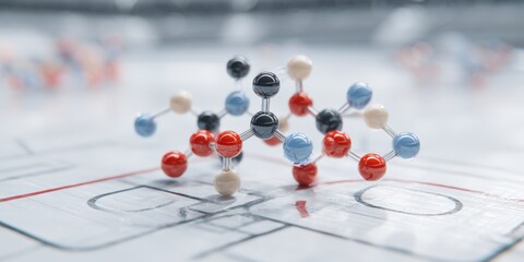Molecular model of colored spheres and rods on a schematic background