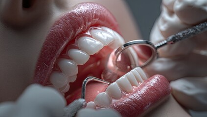 Close-up of a dental examination, revealing healthy teeth, gums, and examination tools