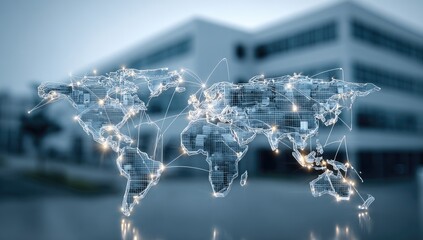 Global network connects illuminated cities on a translucent world map
