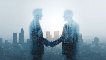 Silhouetted men in suits shake hands, city skyline overlay