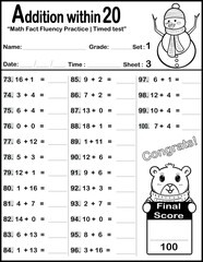 Addition within 20, match fact fluency  time test worksheet set, Christmas themed sheet 3, activity for kids, fit for 8.5”x11” size	