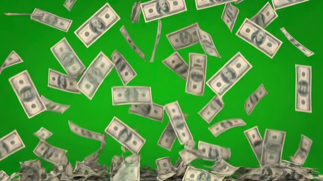 Realistic 3D Currency Simulation with dollars bills falling down in animation video on green screen ready to chroma key distortion, overlay, glitch, static noise, scan lines black background, 4k