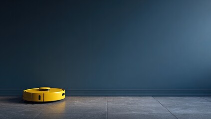 A bright yellow autonomous cleaning disc navigates a tiled floor