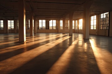 Naklejka premium Spacious empty building interior with sunbeams streaming through windows