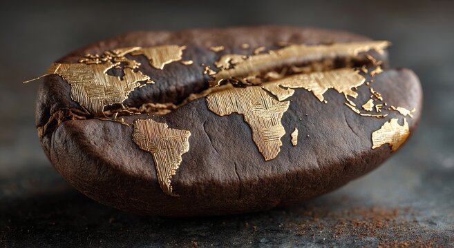 A single coffee bean transformed into a world map, continents detailed in gold