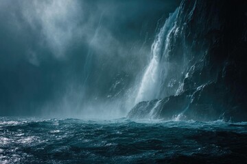 Stormy sea crashes against a cliff face with a cascading waterfall