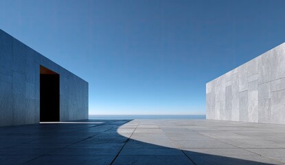 Modern concrete structures framing a serene ocean vista under a clear sky