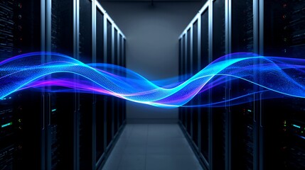 An abstract depiction of data flowing through a server room, with rows of server racks and a digitally rendered stream of light.