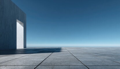 Stark, minimalist concrete structure opens to bright sky and vast, empty expanse