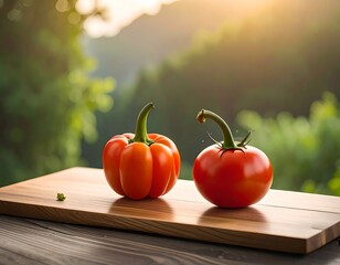 Two vibrant vegetables on a wooden cutting board, outdoors, sunlit