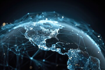 Glowing digital network overlay on illuminated planet, connecting continents