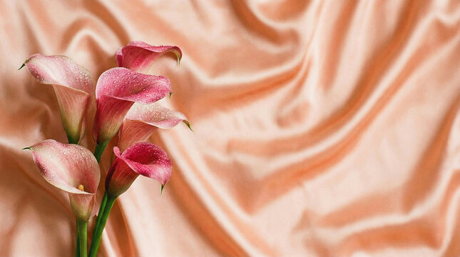 a bouquet of pink calla lilies with leaves covered with dew drops on the left all on a peach silk background