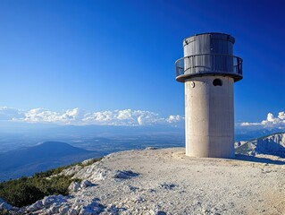 Panoramic view from Mont Ventoux with the Observatory Tower and beautiful clear blue sky