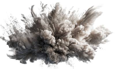 Explosive blast creating smoke cloud and dust particles on transparent background, symbolizing power, impact, and demolition