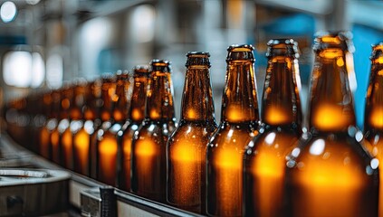 Row of amber glass bottles moving along an industrial conveyor belt