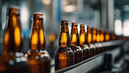 Amber glass bottles on a conveyor belt at a factory