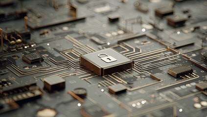 Close-up of a microchip with a padlock symbol, representing digital security