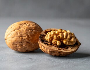 Two walnuts, one whole and the other cracked open