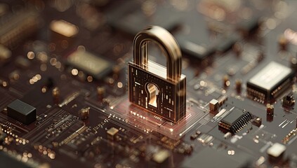 Golden padlock symbolizing digital security, placed on a complex electronic circuit board