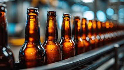 Amber glass bottles lined up on a conveyor belt, ready for filling