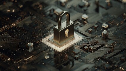 Digital padlock secures glowing circuit board, symbolizing data protection and encryption