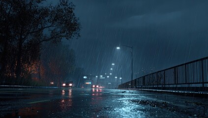 Rainy night highway with distant city lights and reflections on wet road