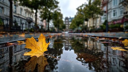 Autumn leaf rests on wet cobblestones reflecting buildings and trees