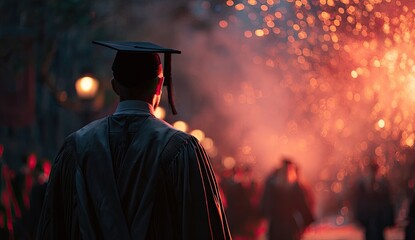 Graduates in caps and gowns watch a celebratory firework display
