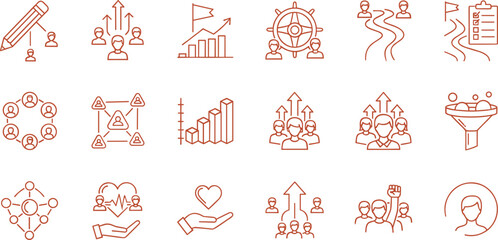Business Strategy and Management Line Art Icon Set for Corporate Success, Goal Achievement, Financial Growth, Planning, and Teamwork Vector Collection